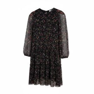 Zara Floral Pleated Sheer Sleeve Keyhole Back Tiered Mini Dress Black Size 11-12